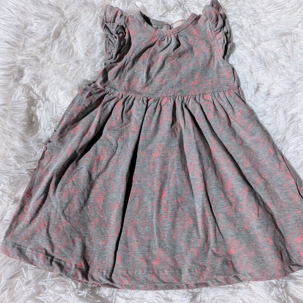 Gray Girl Dress – Pink Blossom Print with Ruffle Sleeves & Flared Skirt